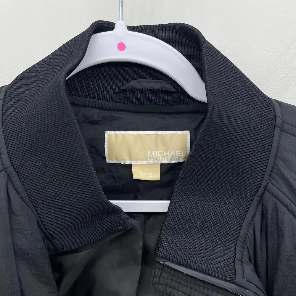 Michael Kors Bomber Jacket Womens‎ Large Black Black Nylon Full Zip Coat